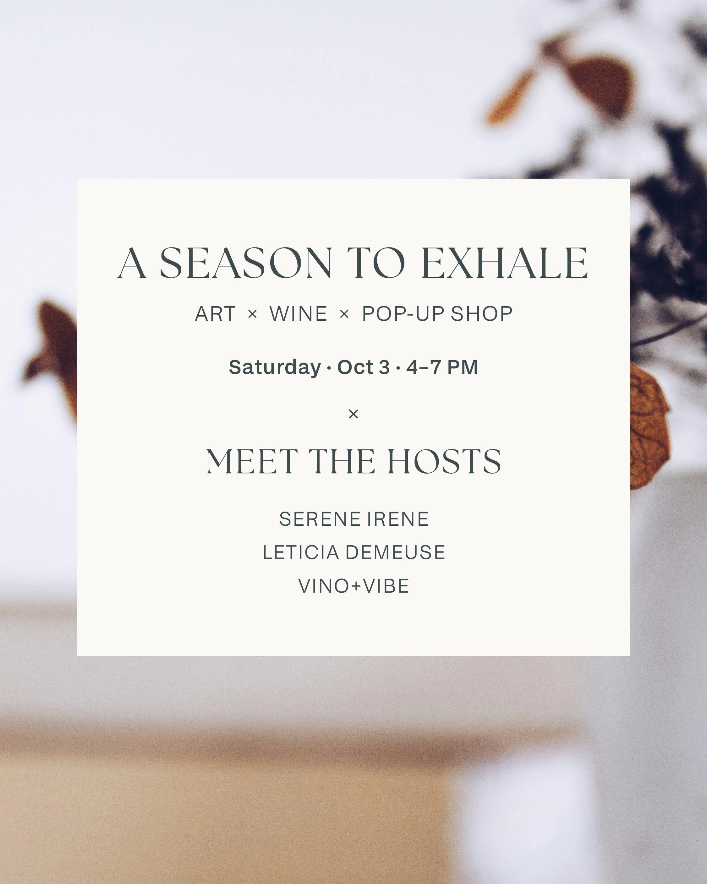 A Season to Exhale is almost here 🍂 Meet the three of us behind the afternoon &mdash;

🎨 Leticia Demeuse &mdash; opening her studio and sharing her original art 🍷 Lizzie Karshner, WSET Level 3 &mdash; guiding us through a fall wine tasting 🏡 Iren
