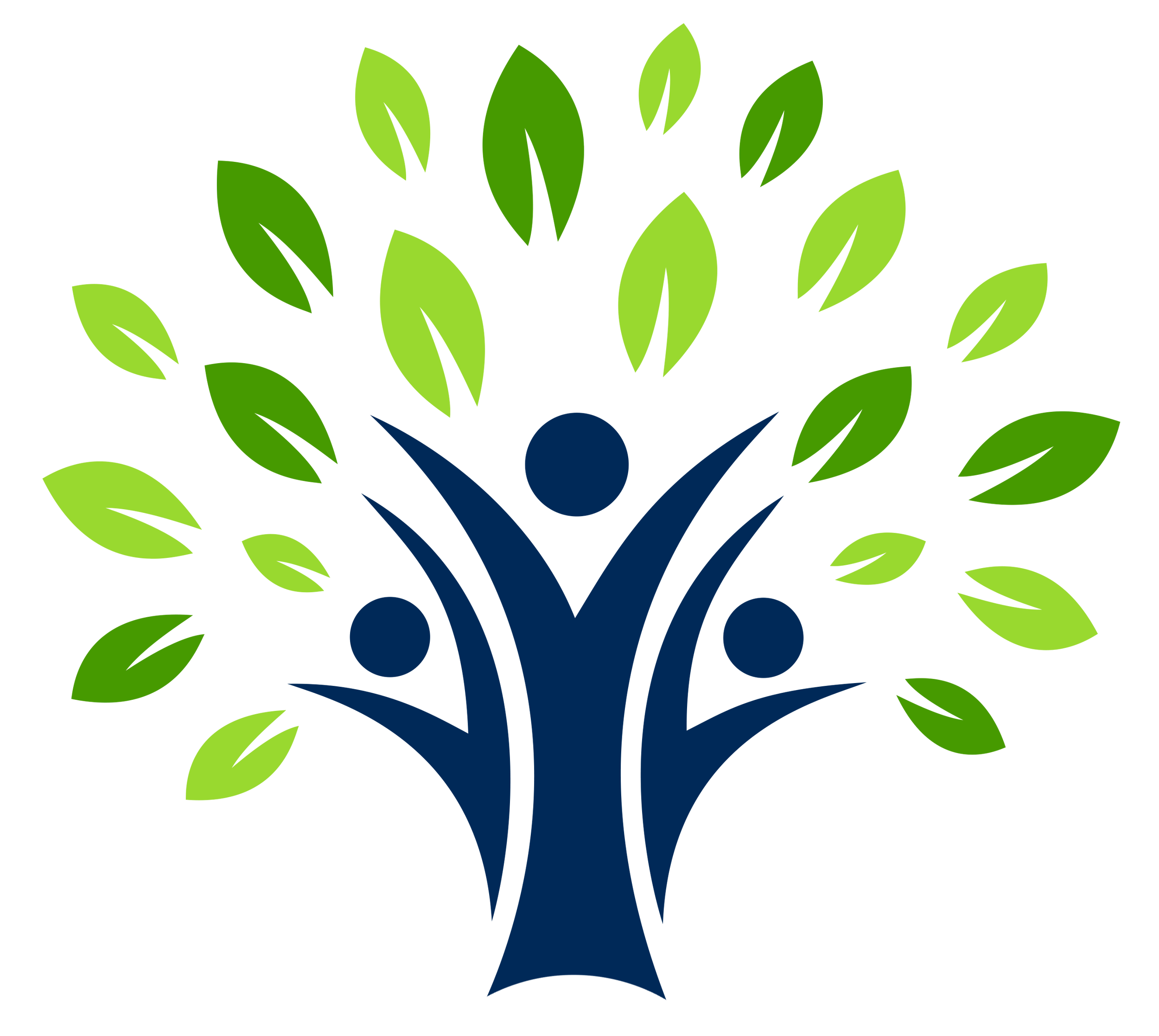 Abstract tree with blue figures and green leaves