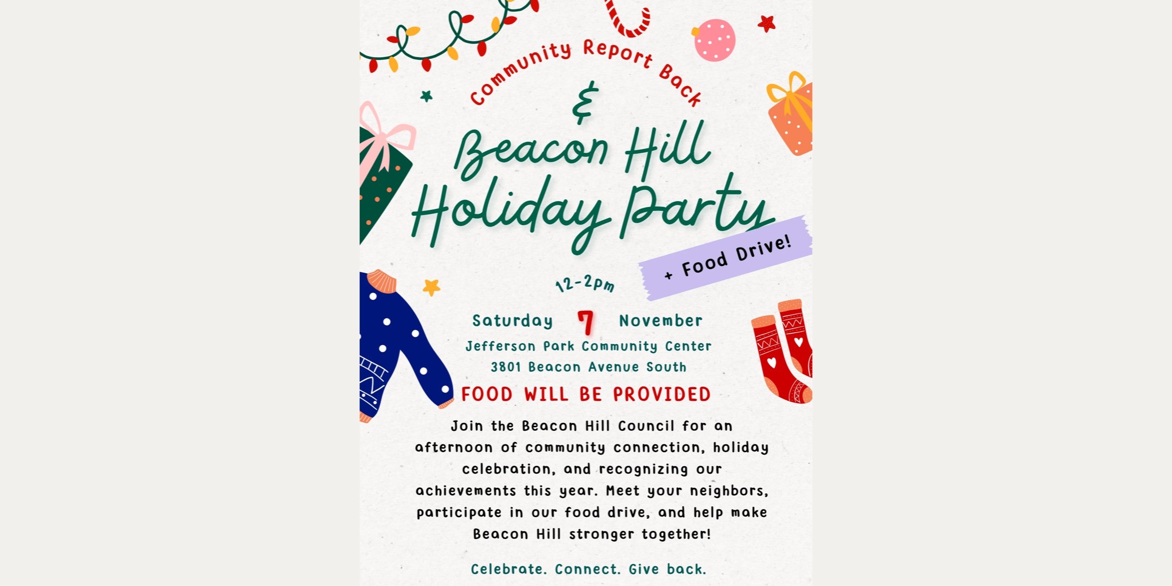 Flyer: Beacon Hill Holiday Party + Food Drive, Saturday Nov 7, 12–2pm, Jefferson Park Community Center