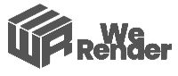 The logo of We Render, featuring a stylized cube and the company name in bold letters.