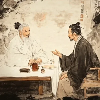 Traditional Chinese Medicine consultation between two elders in classic ink art style – warm and insightful health discussion for The Gentle Needle Guy Brisbane