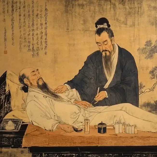 Animated classical painting of a Traditional Chinese Medicine physician attending to a reclining elder—vintage brushwork style at The Gentle Needle Guy, Brisbane