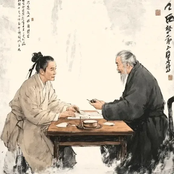 Animated traditional ink-style scene of a Chinese herbal medicine consultation—TCM practitioner discussing formulas with a patient at The Gentle Needle Guy, Brisbane