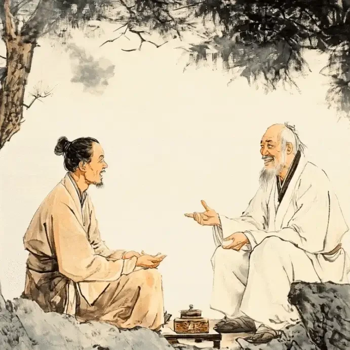 Animated ink-style scene of two Traditional Chinese Medicine practitioners exchanging ideas outdoors—The Gentle Needle Guy, Brisbane