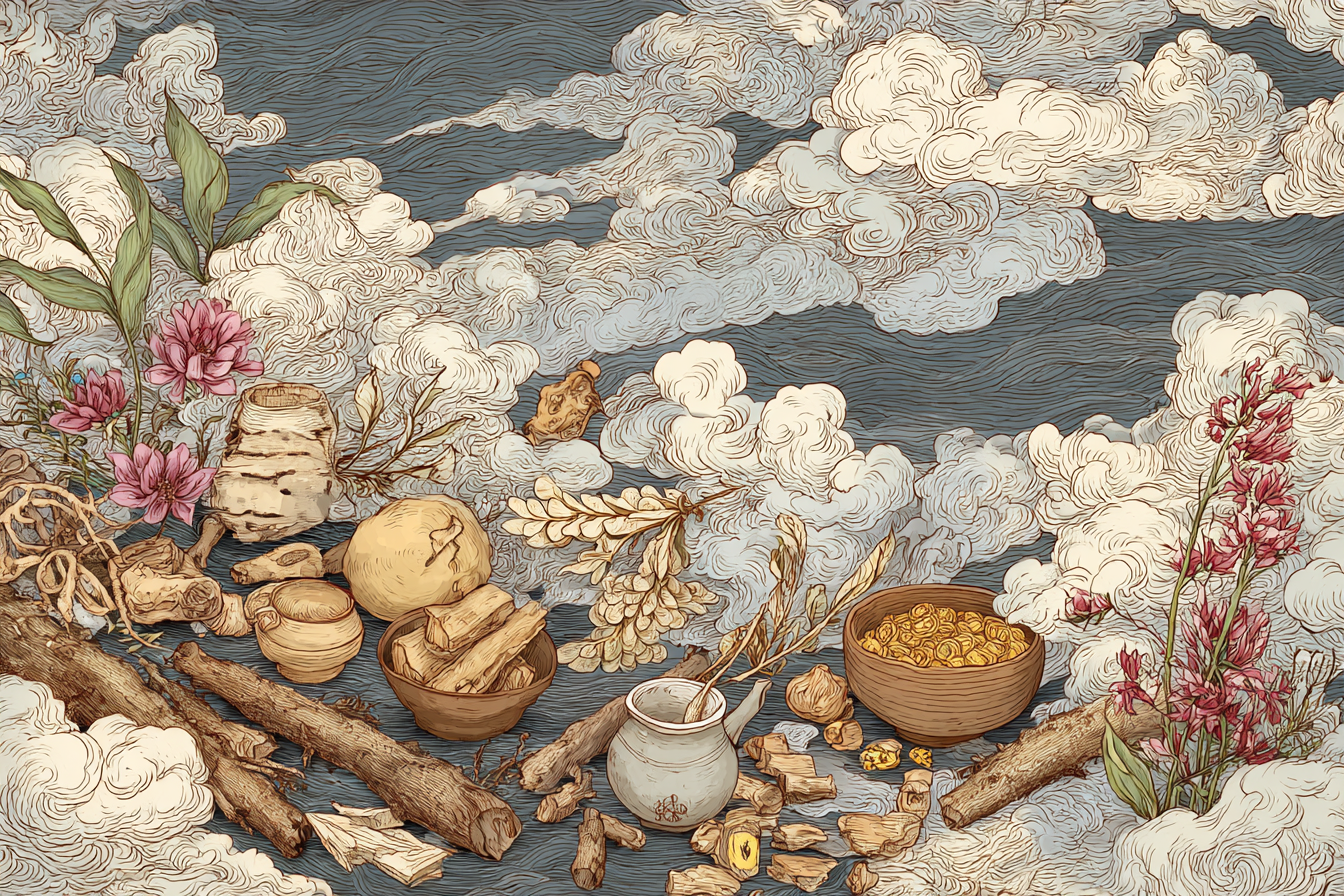 Traditional Chinese herbs illustrated in classical Chinese art style, symbolizing the natural healing foundations of Traditional Chinese Medicine that inform The Gentle Needle Guy’s acupuncture approach in Brisbane.