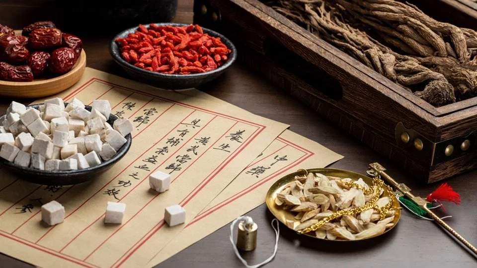 A selection of traditional Chinese herbs used to represent the foundational principles of Traditional Chinese Medicine at The Gentle Needle Guy’s clinic in Brisbane.