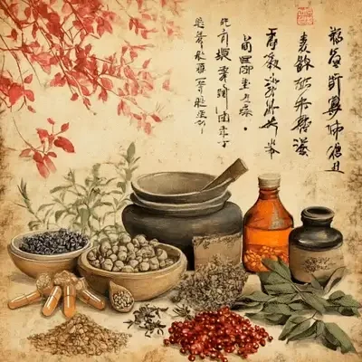 Animated traditional ink-style still life of Chinese herbal medicine—mortar, jars, berries, seeds and leaves with calligraphy, for The Gentle Needle Guy in Brisbane