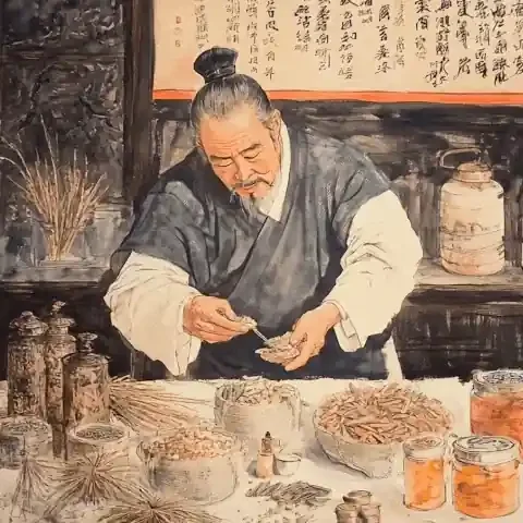 Elderly Chinese herbalist preparing traditional medicine in apothecary setting – art for The Gentle Needle Guy Brisbane