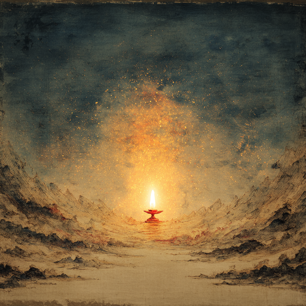 Sacred butter lamp in a dark landscape representing wisdom, healing, and the removal of ignorance.