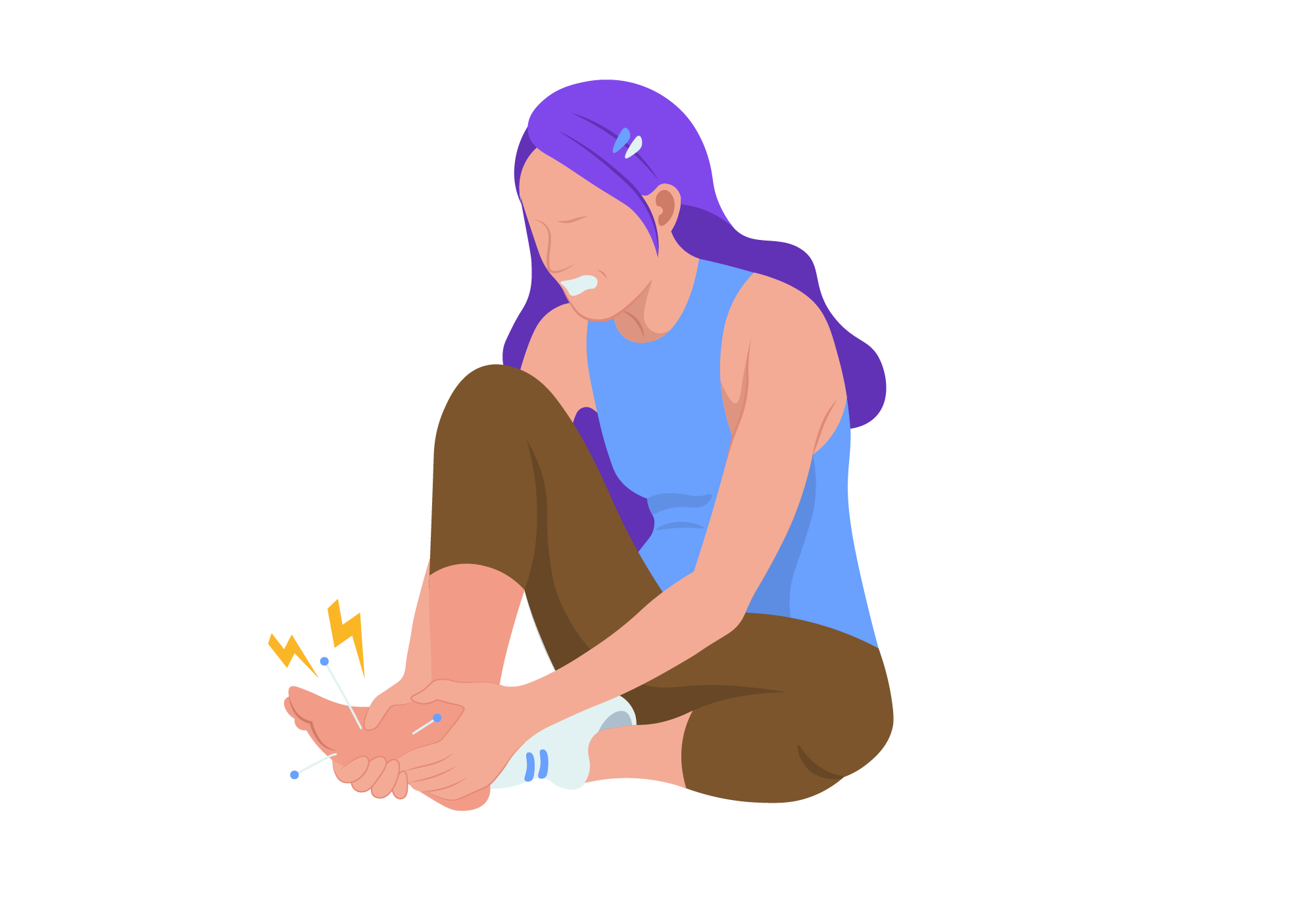 Vector illustration of a woman experiencing foot pain, representing soft tissue or nerve issues treated with acupuncture.