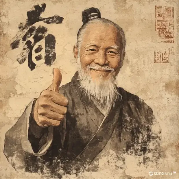Animated portrait of a smiling elderly TCM master giving a thumbs-up, vintage ink style—The Gentle Needle Guy, Brisbane
