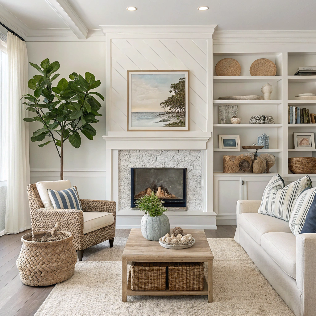 A cozy living room with a white built-in fireplace, a large green plant in a woven basket, a beige armchair with a striped pillow, a white sofa with striped pillows, a wooden coffee table with a potted plant and decorative stones, and white shelves with decorative objects and books.