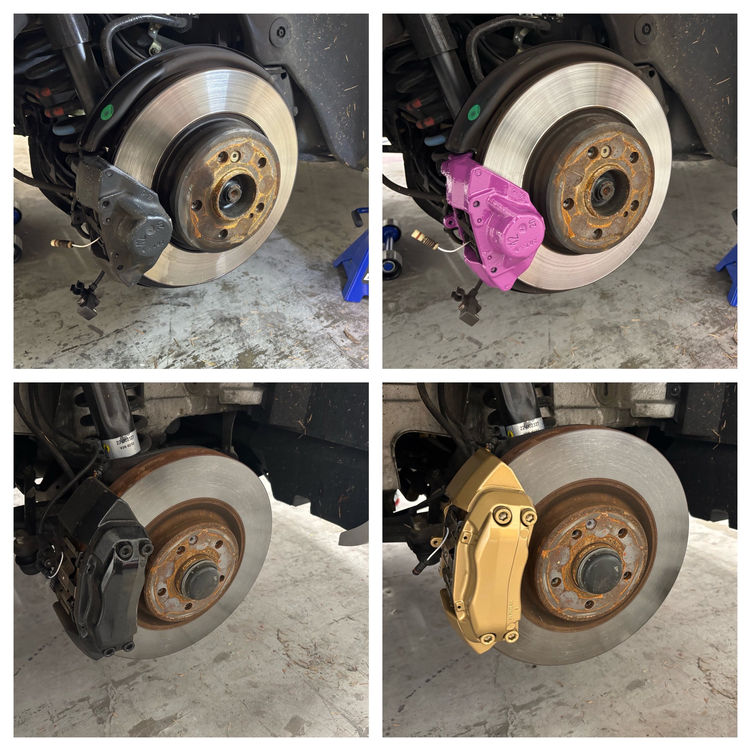 Four images showing different brake calipers installed on car brake discs. The top two images show a silver brake rotor with a pink and gray caliper, respectively. The bottom two images show brake rotors with black and gold calipers, respectively.