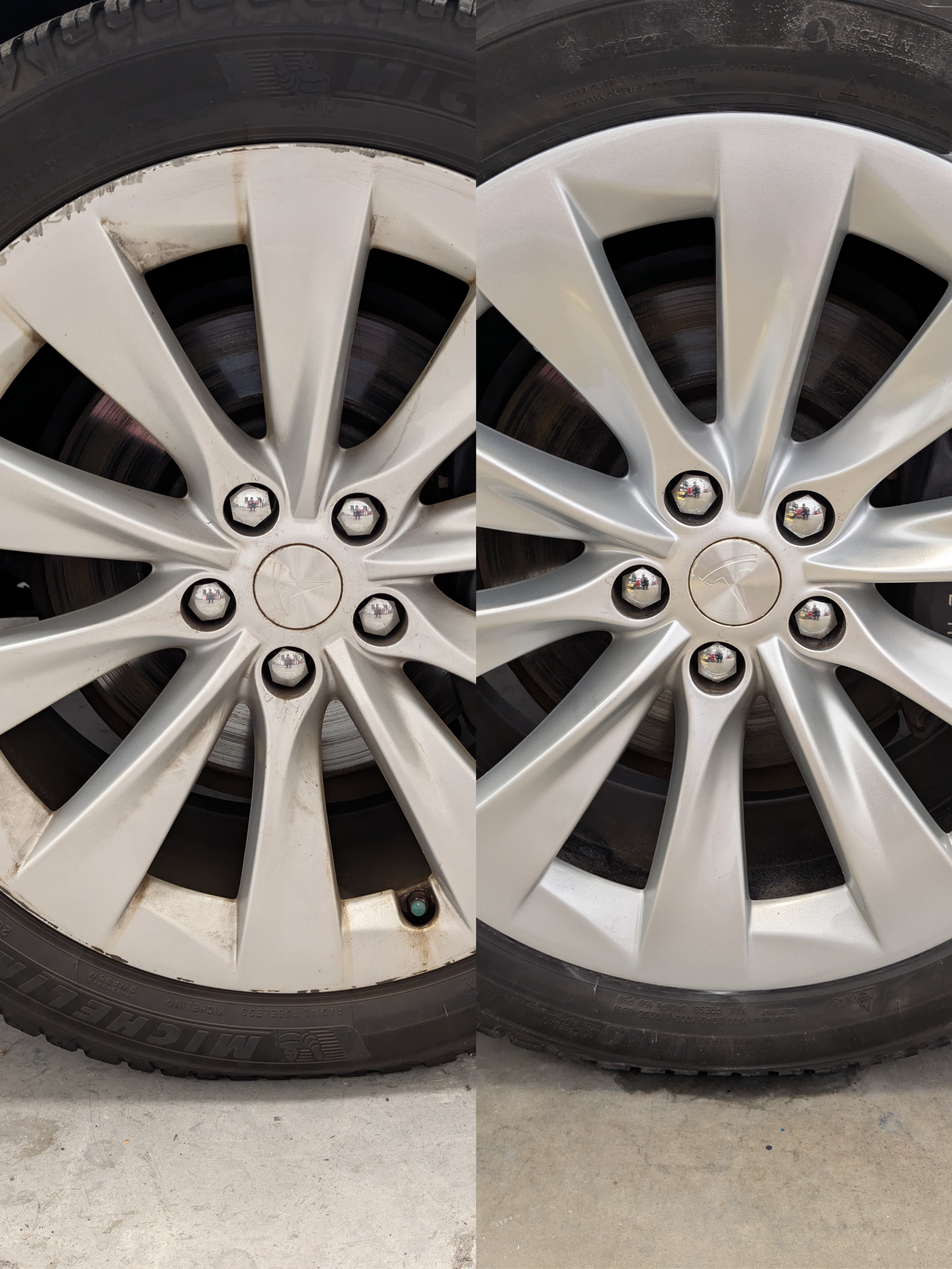 Comparison of a dirty and a clean car wheel with a silver rim and black tire