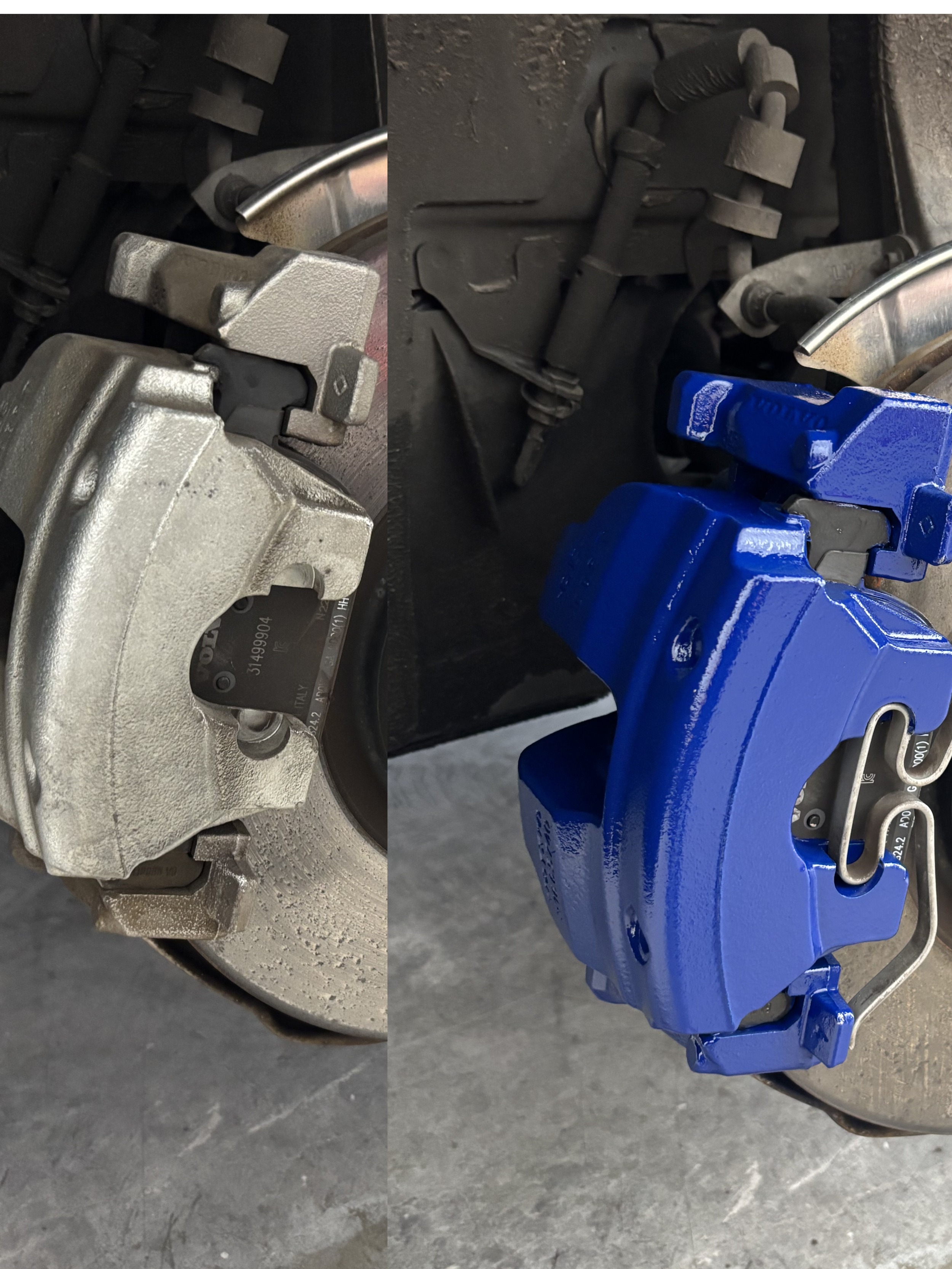 Close-up of a brake caliper before and after being painted blue on a vehicle wheel assembly.