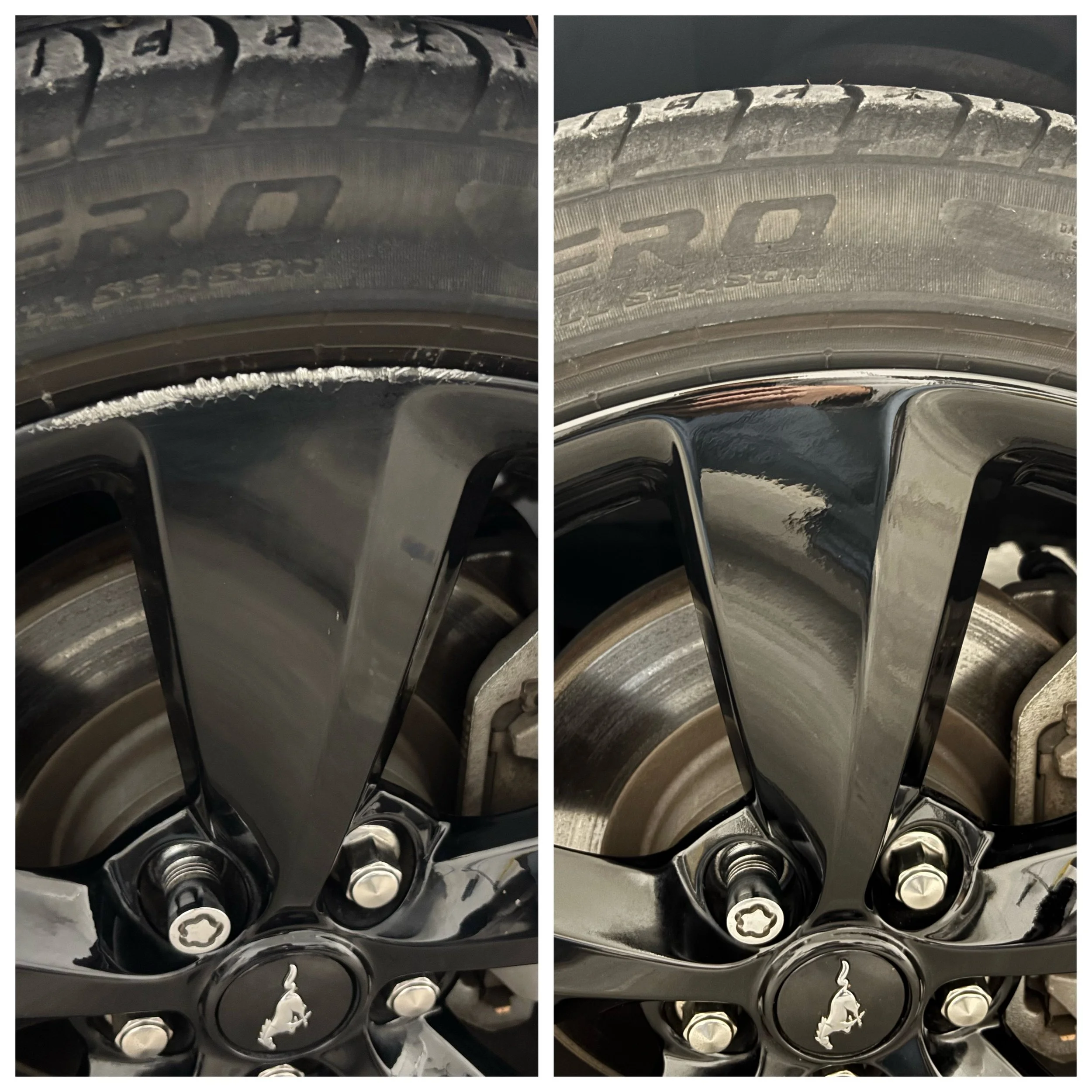 Comparison of a car wheel with curb rash damage on the left and a repaired or cleaned wheel on the right.