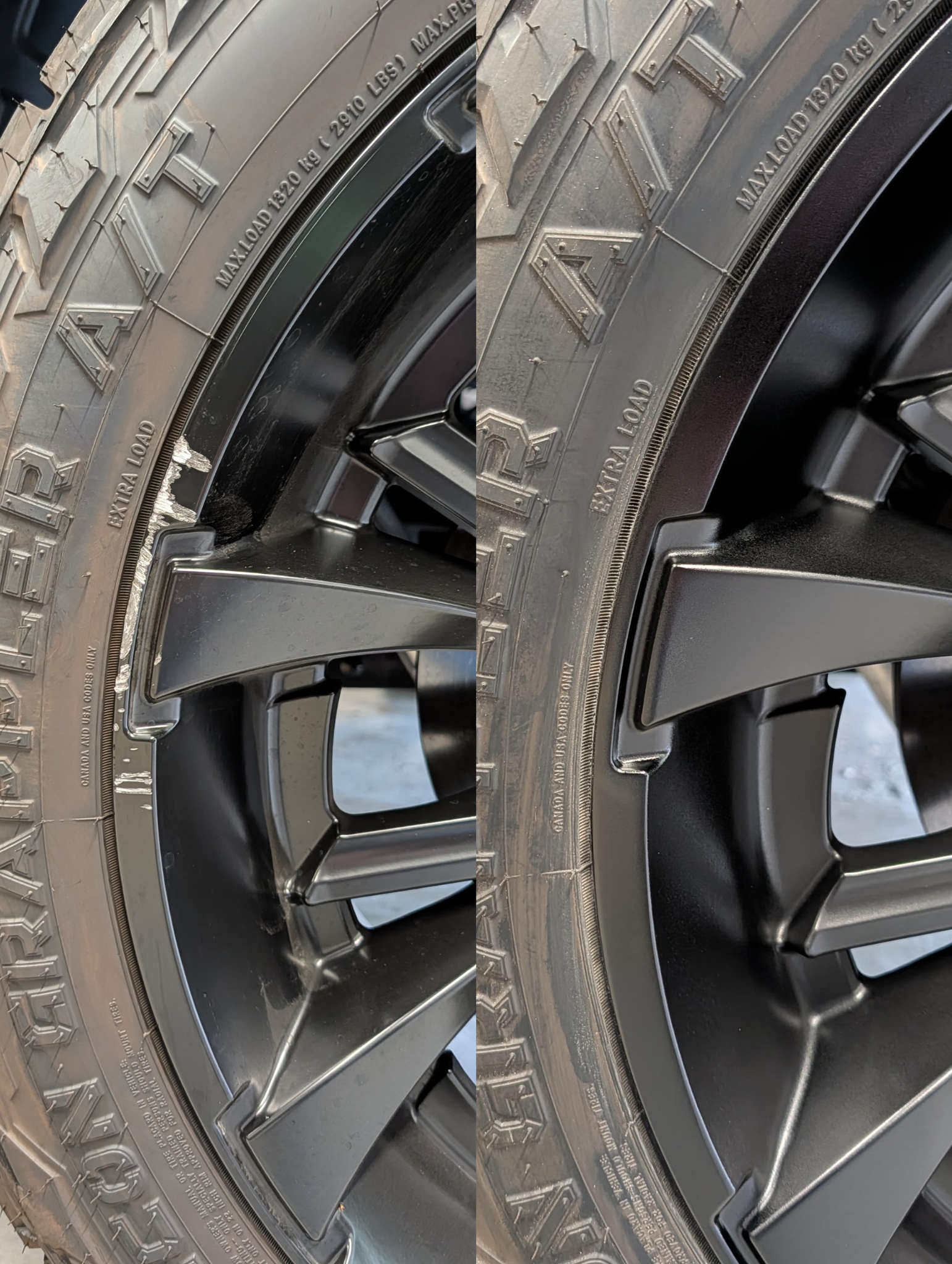 Close-up view of tire sidewalls showing detailed tread pattern, branding, and safety information.
