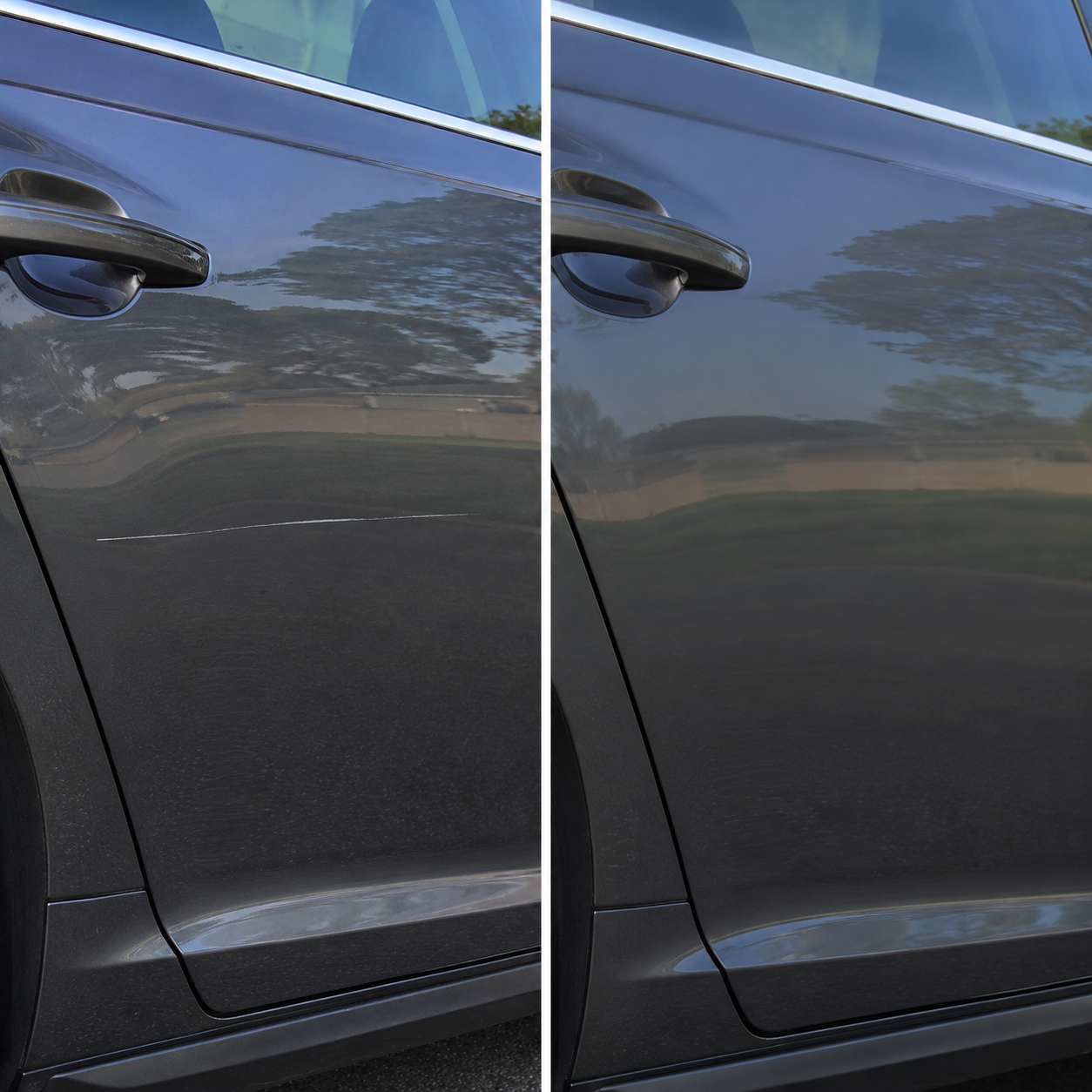 Side-by-side comparison of a gray car door with a superficial scratch visible on the left side, right side showing the same door after the scratch has been polished or repaired.