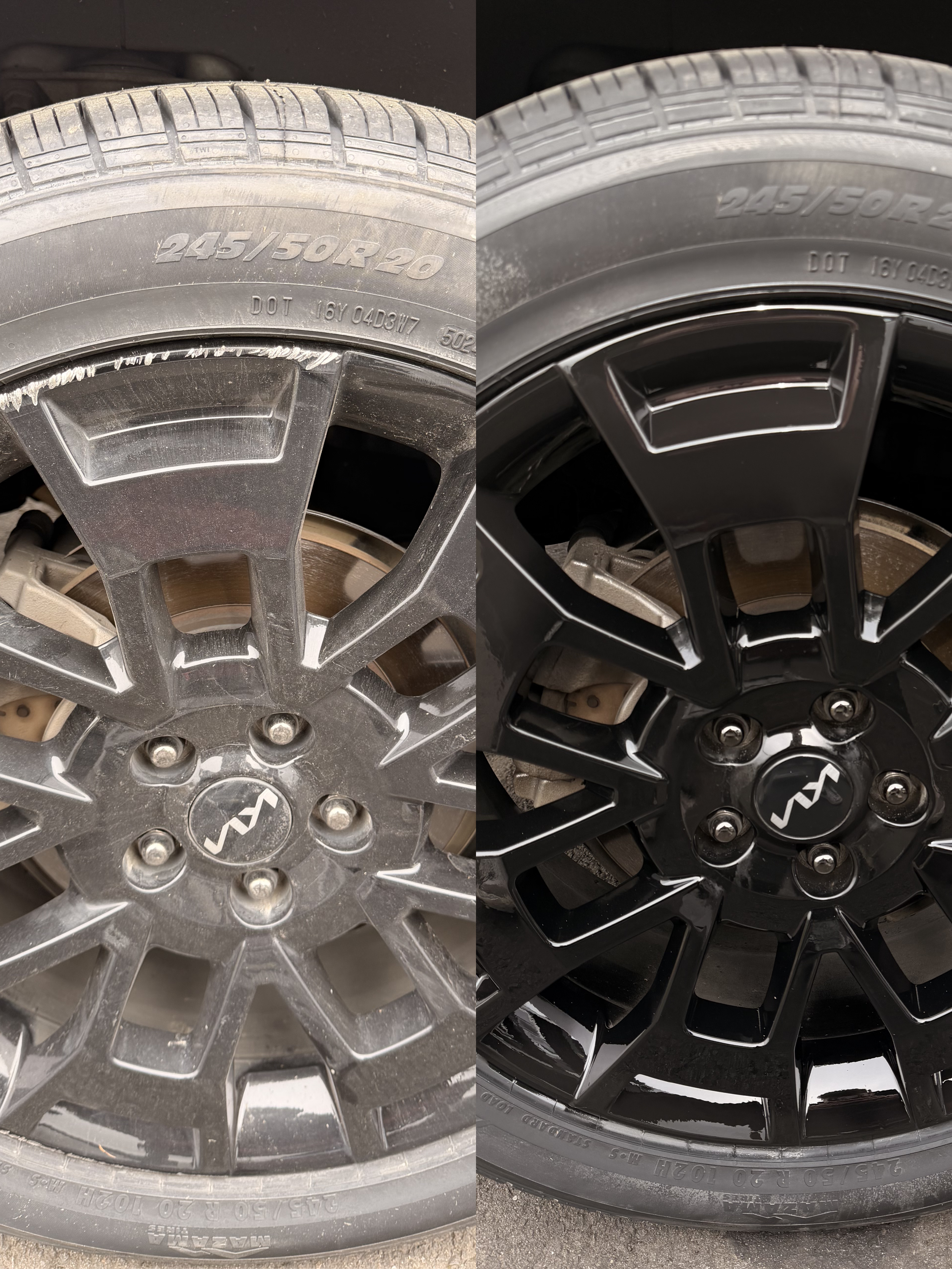 Comparison of two car tires and rims, showing a worn tire on the left and a new tire on the right.
