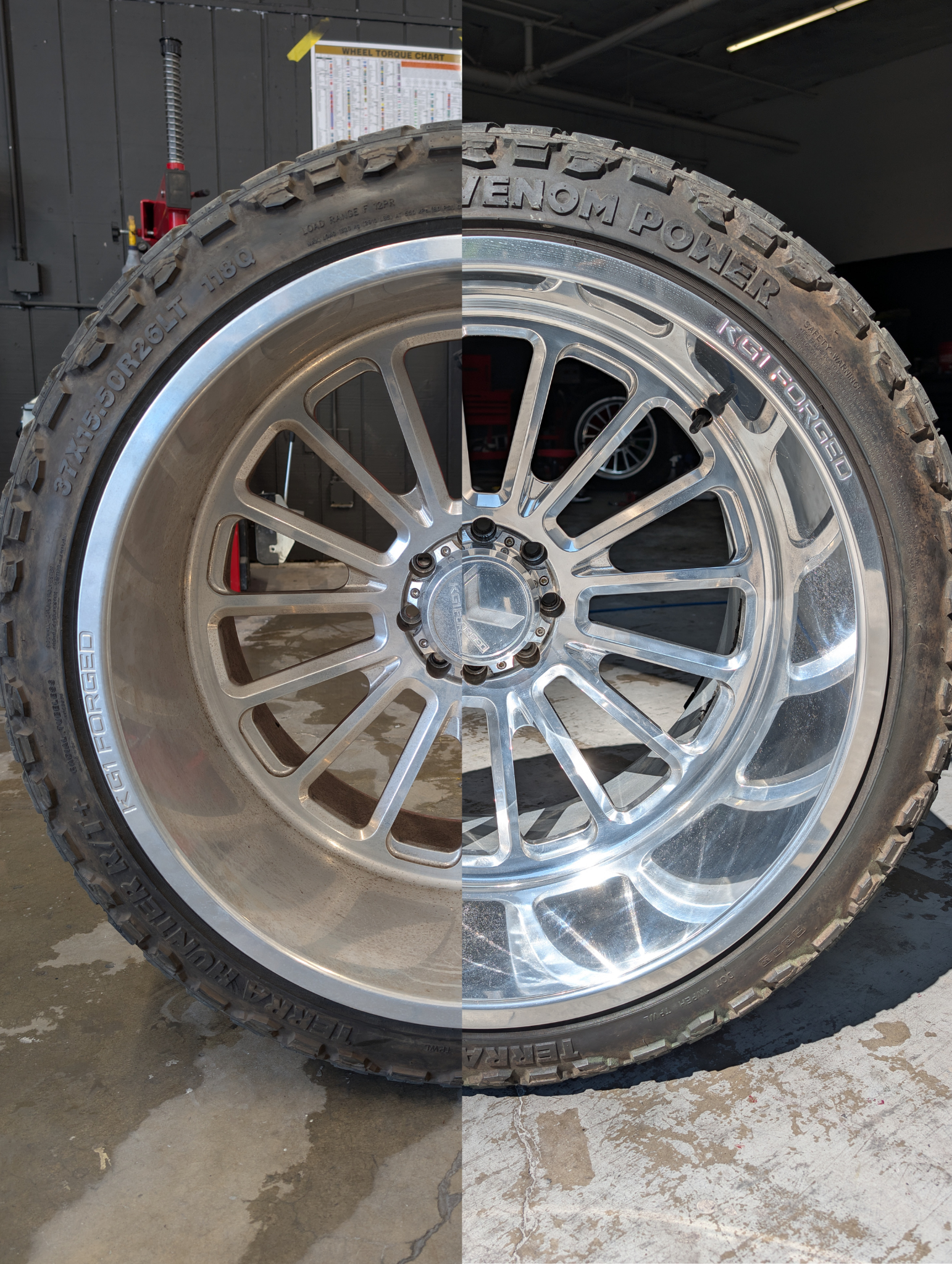 Comparison shot of a car tire with a worn sidewall on the left and a new, clean sidewall on the right, mounted on a silver alloy wheel in a garage setting.