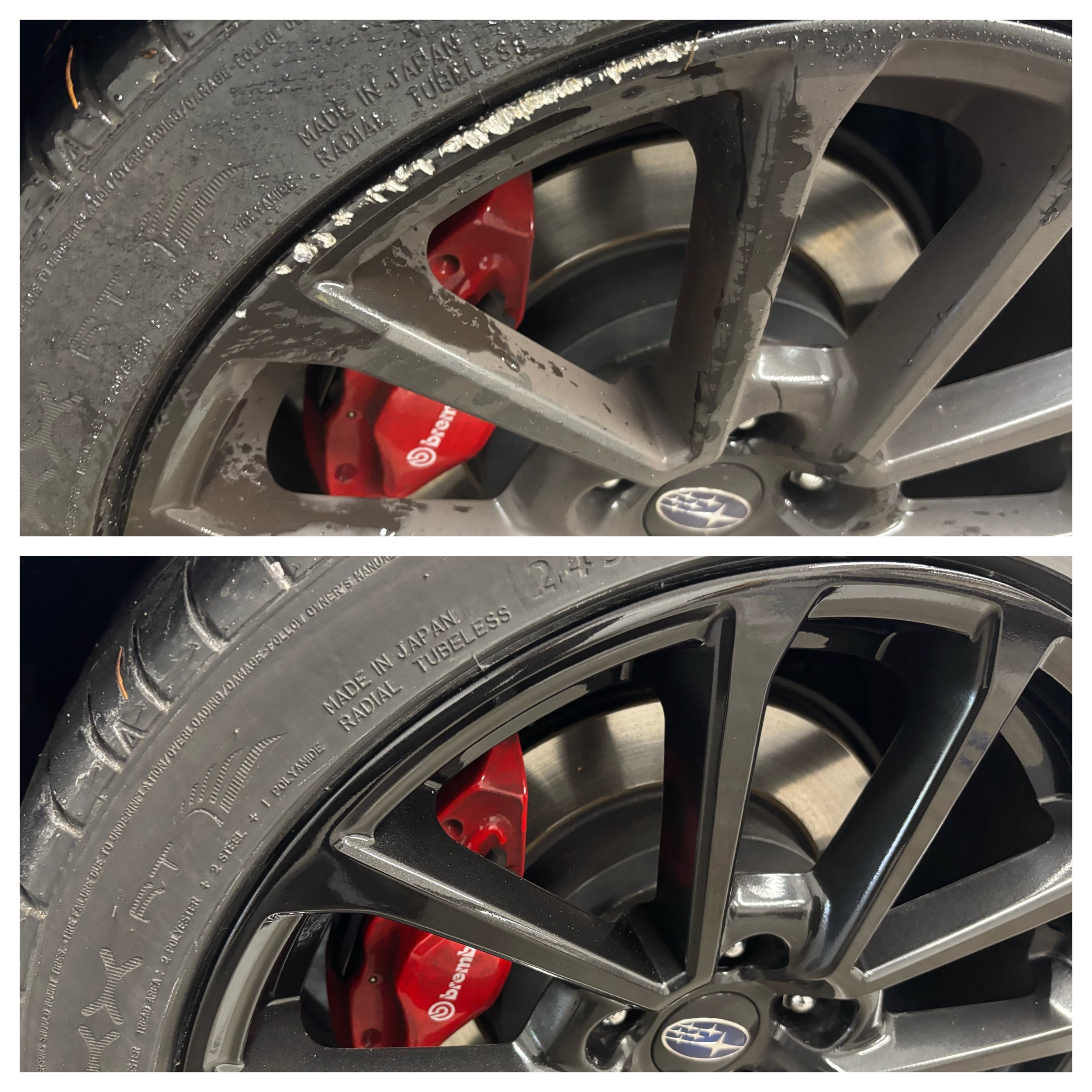 Comparison of a car wheel: the top image shows an older, dirty, and scratched alloy wheel, while the bottom image features a clean, shiny, and well-maintained alloy wheel. Both wheels have tires, brake calipers, and the Subaru logo in the center.