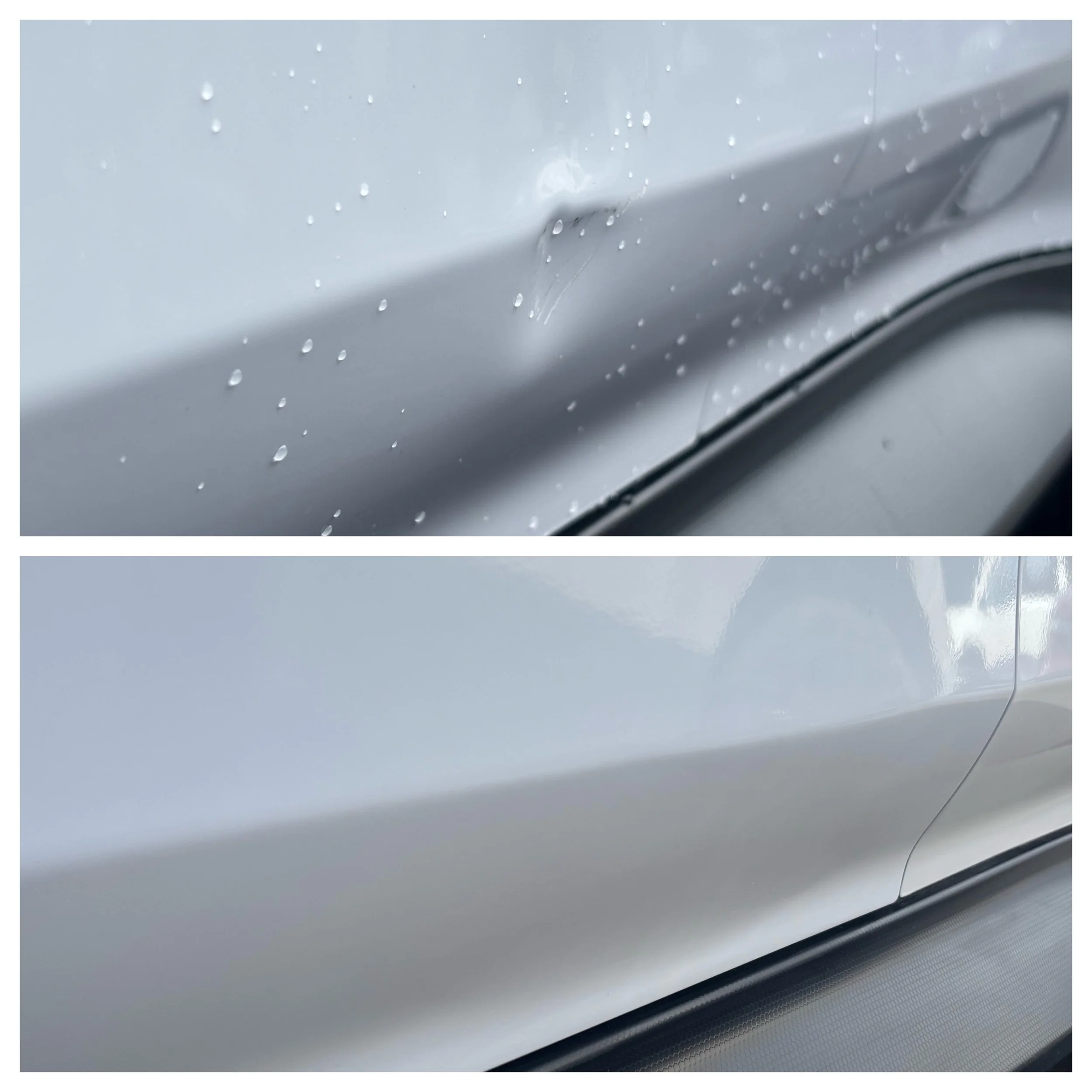 Close-up of the side of a white car with rainwater droplets on the surface.