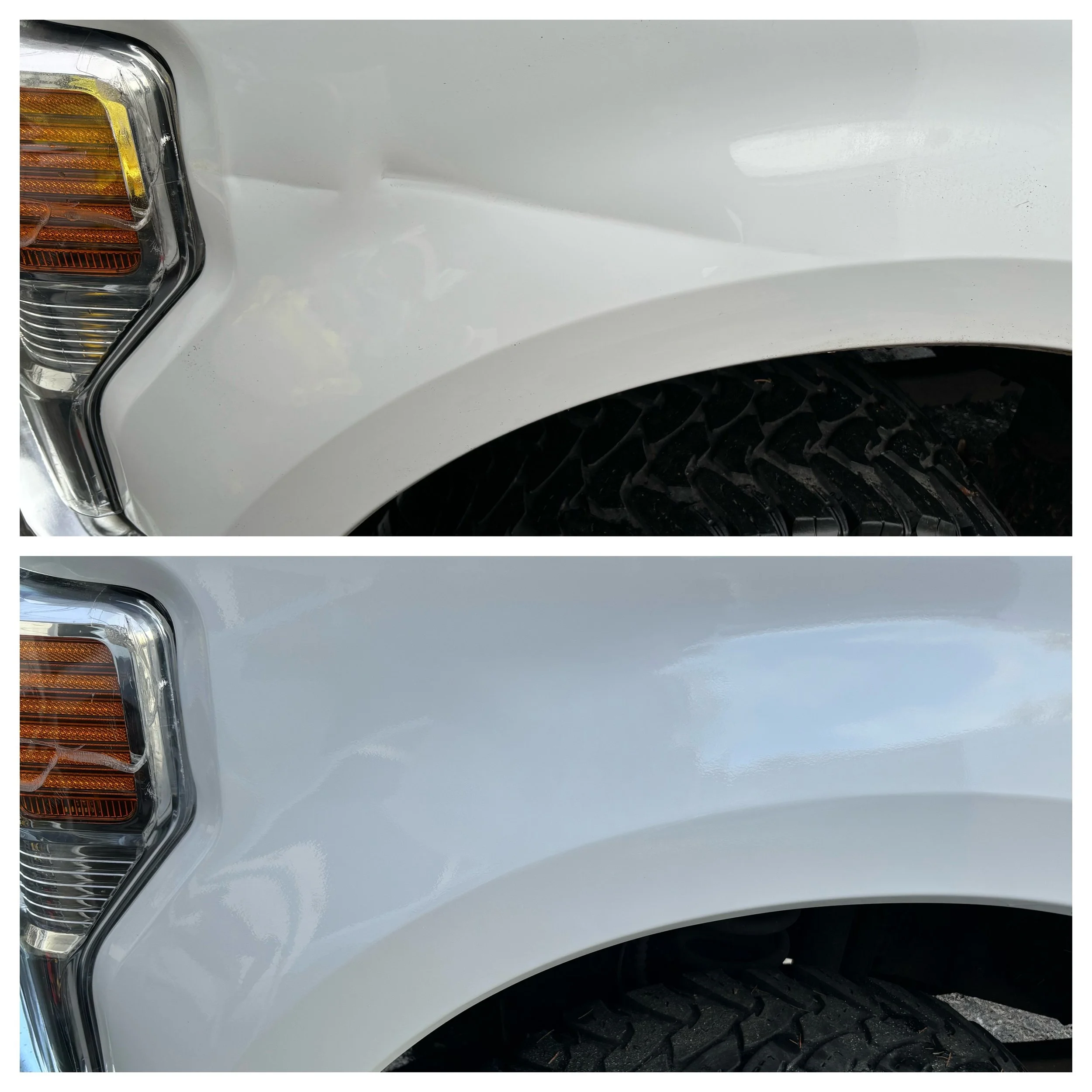 Comparison of a white vehicle's front fender showing before and after cleaning, with the top image showing dirt and grime removed in the bottom image.