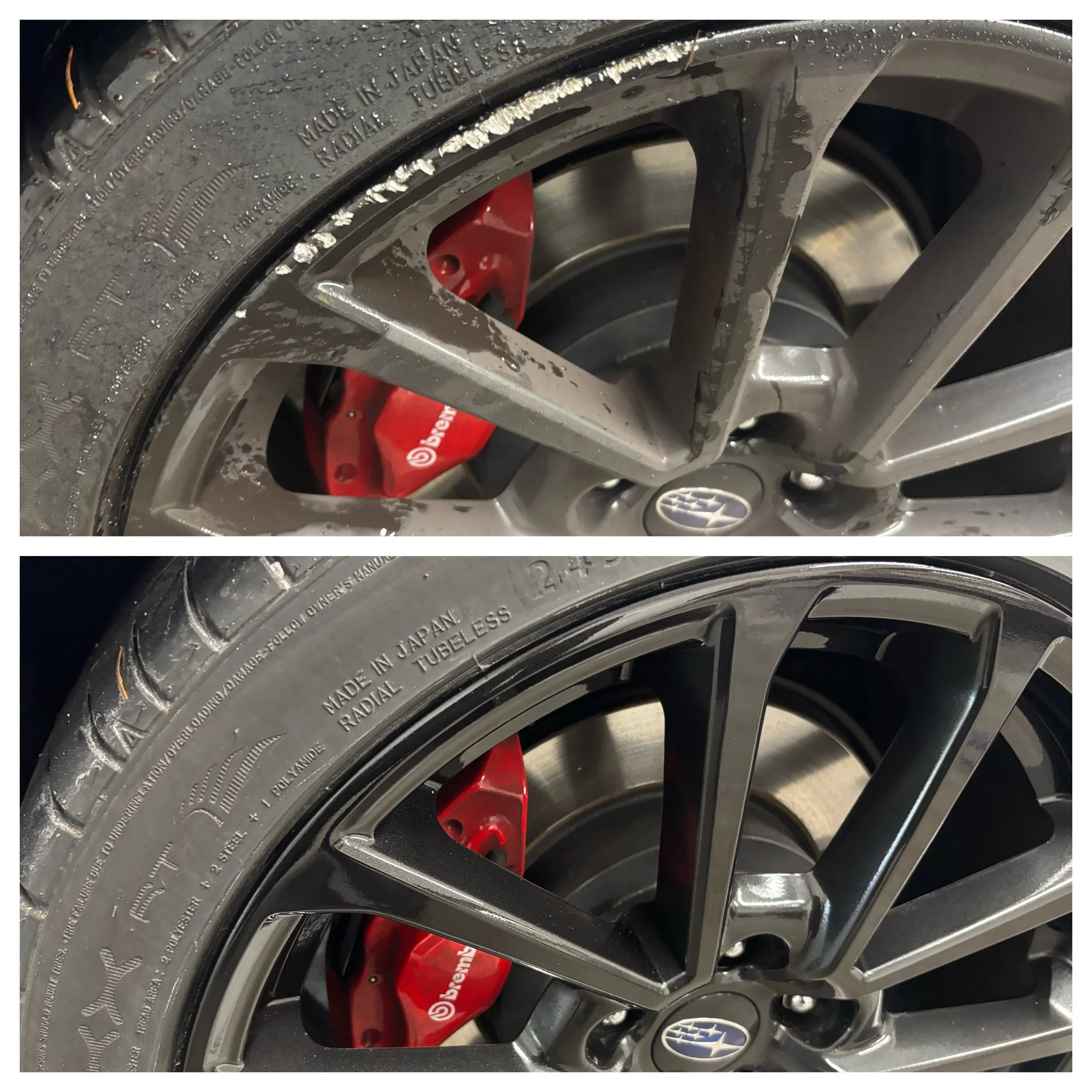 Comparison of car wheels; the top wheel has a damaged rim, while the bottom wheel has a repaired or undamaged rim, with a red brake caliper visible behind both wheels.