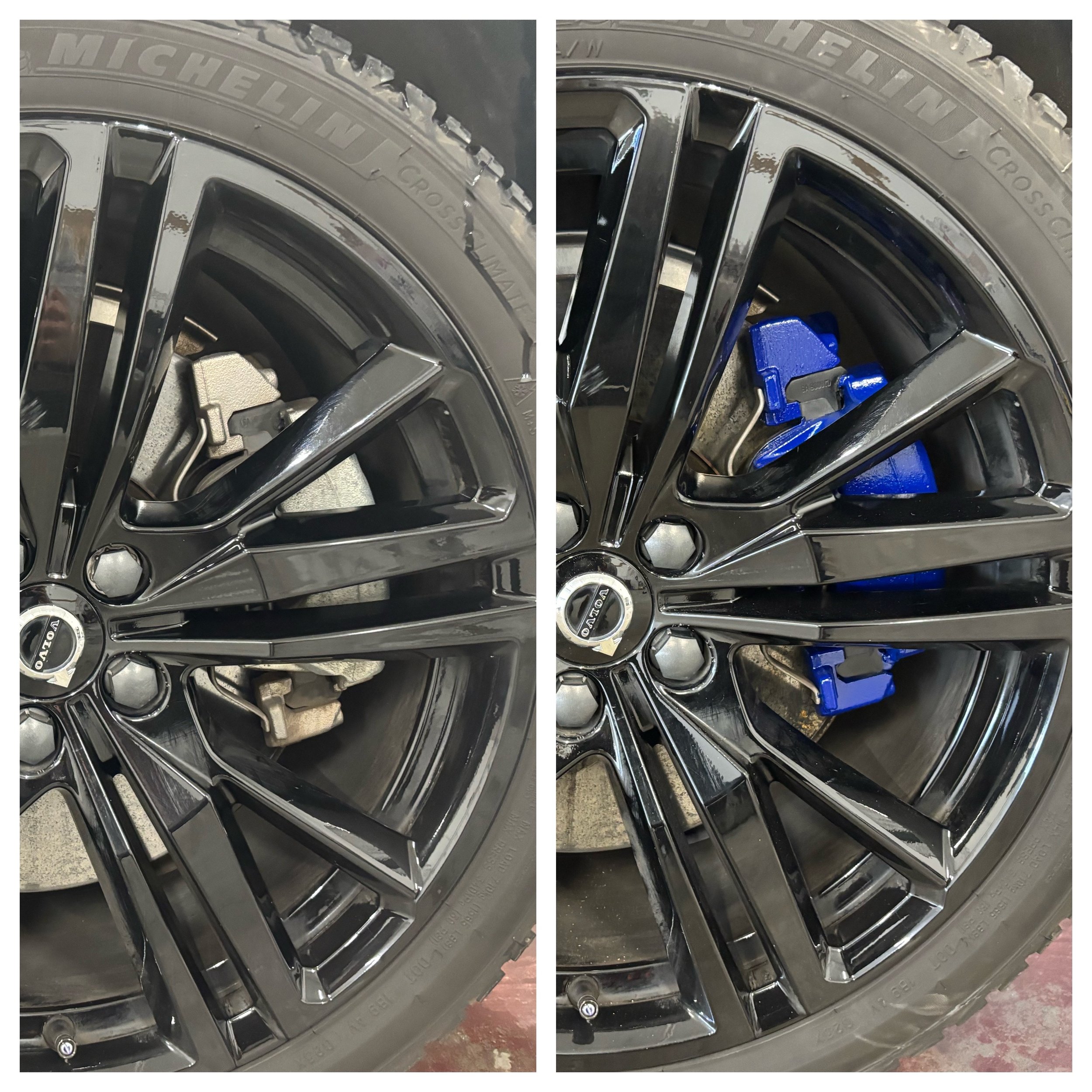 Comparison of a car wheel with the brake caliper painted in gray on the left and painted in blue on the right.