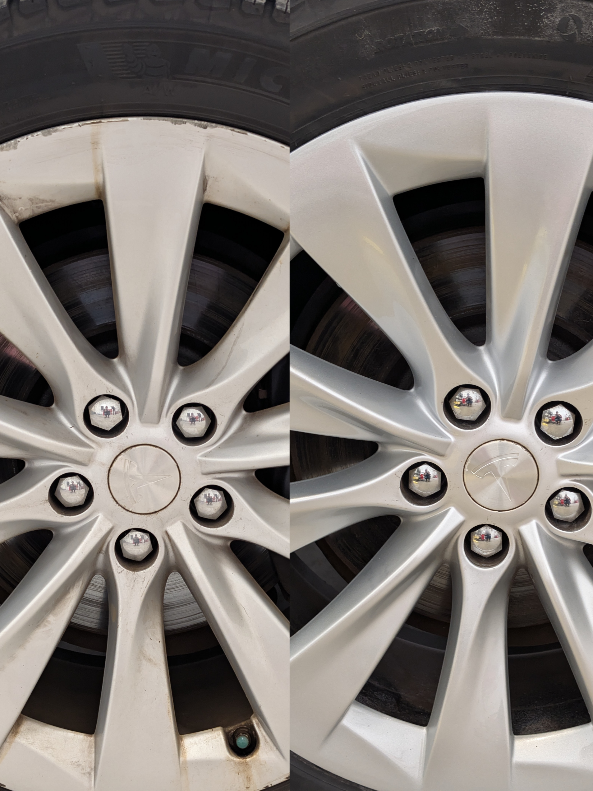 Side-by-side comparison of car wheel rims, with the left rim dirty and the right rim cleaned, showing a before-and-after cleaning process.