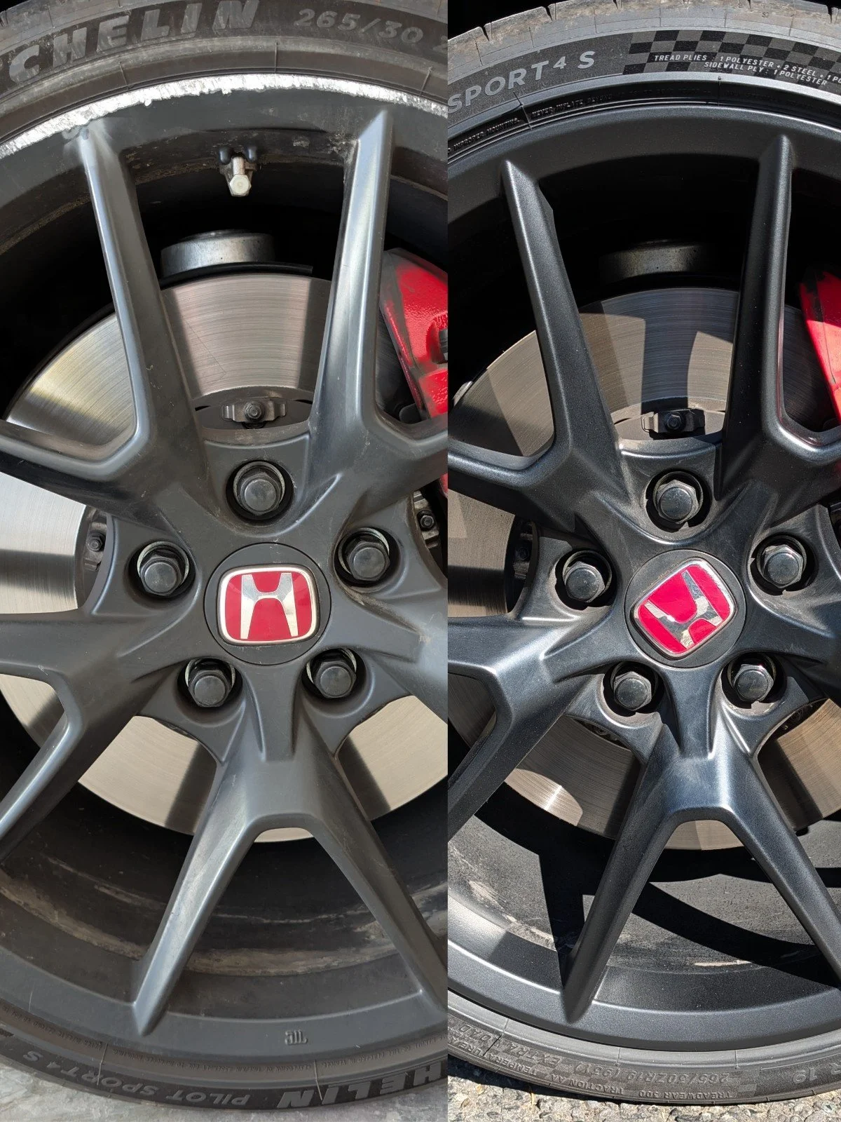 Comparison of two car wheel rims with the Honda logo at the center, showing differences in color and design.