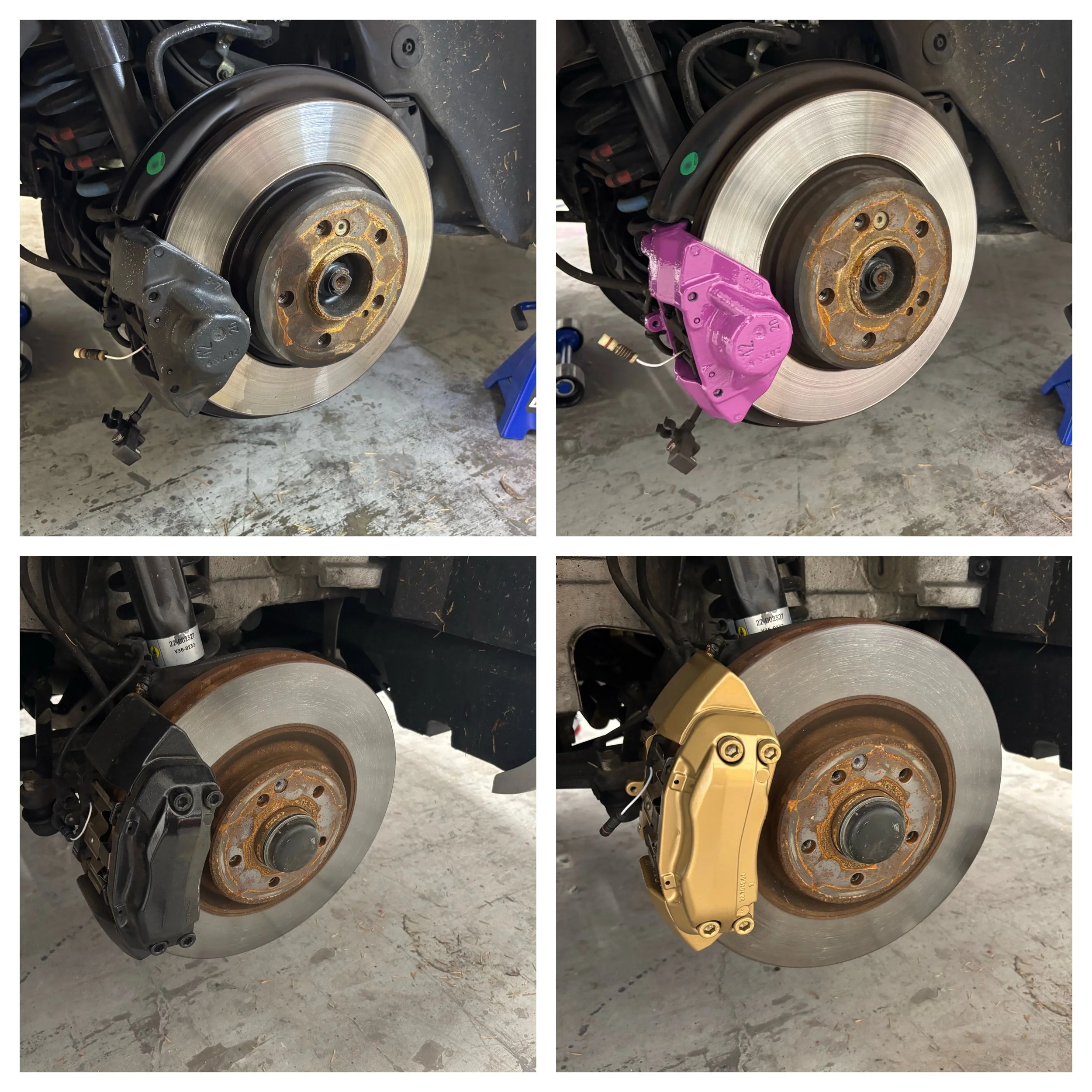 Four car brake assemblies, each with a different colored brake caliper, shown in a grid. Top row, left to right: gray and pink calipers. Bottom row, left to right: black and gold calipers.