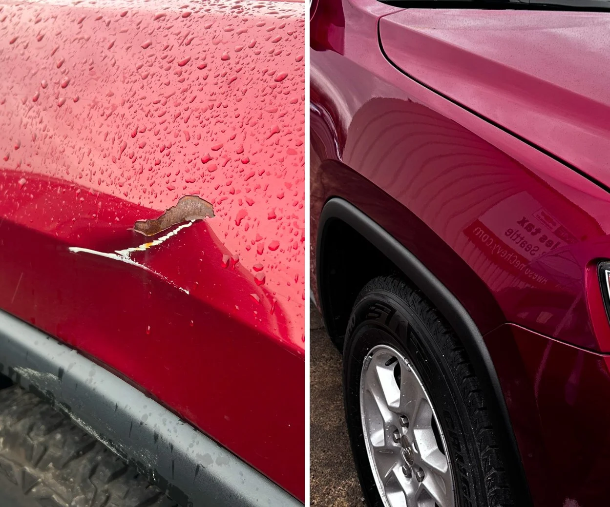 Comparison of two red cars, showing a damaged fender with rust and dents on the left, and a clean, glossy car body on the right.