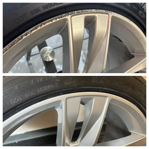 Close-up of two car wheels, one old and worn out at the top, and one new and shiny at the bottom.