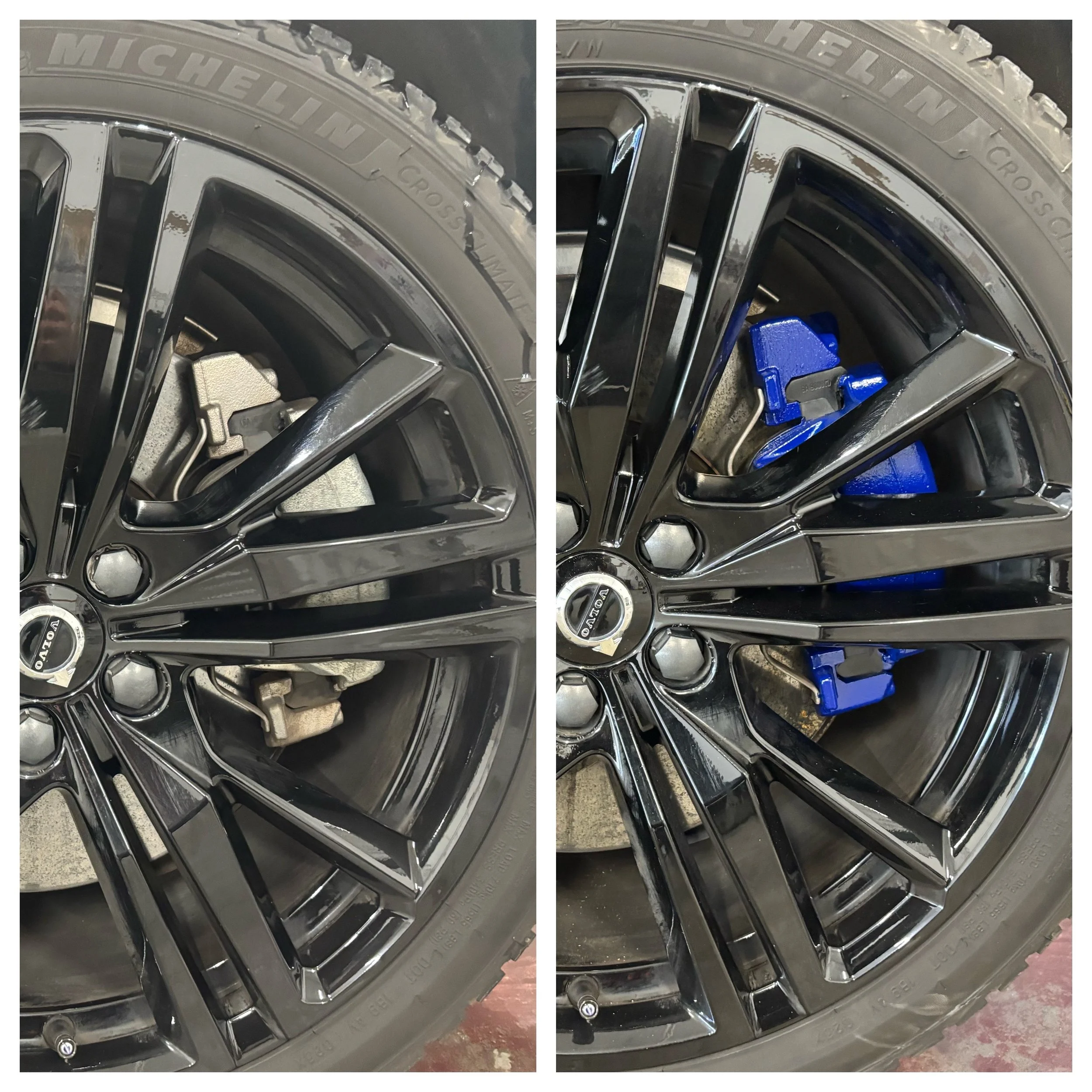 Close-up of a black alloy wheel with Michelin tire, showing the brake caliper; on the left the caliper is unpainted, on the right the caliper is painted blue.