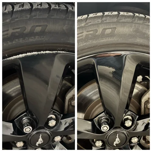 Comparison of a car tire and wheel showing before and after cleaning, with the cleaned wheel looking shiny and polished.