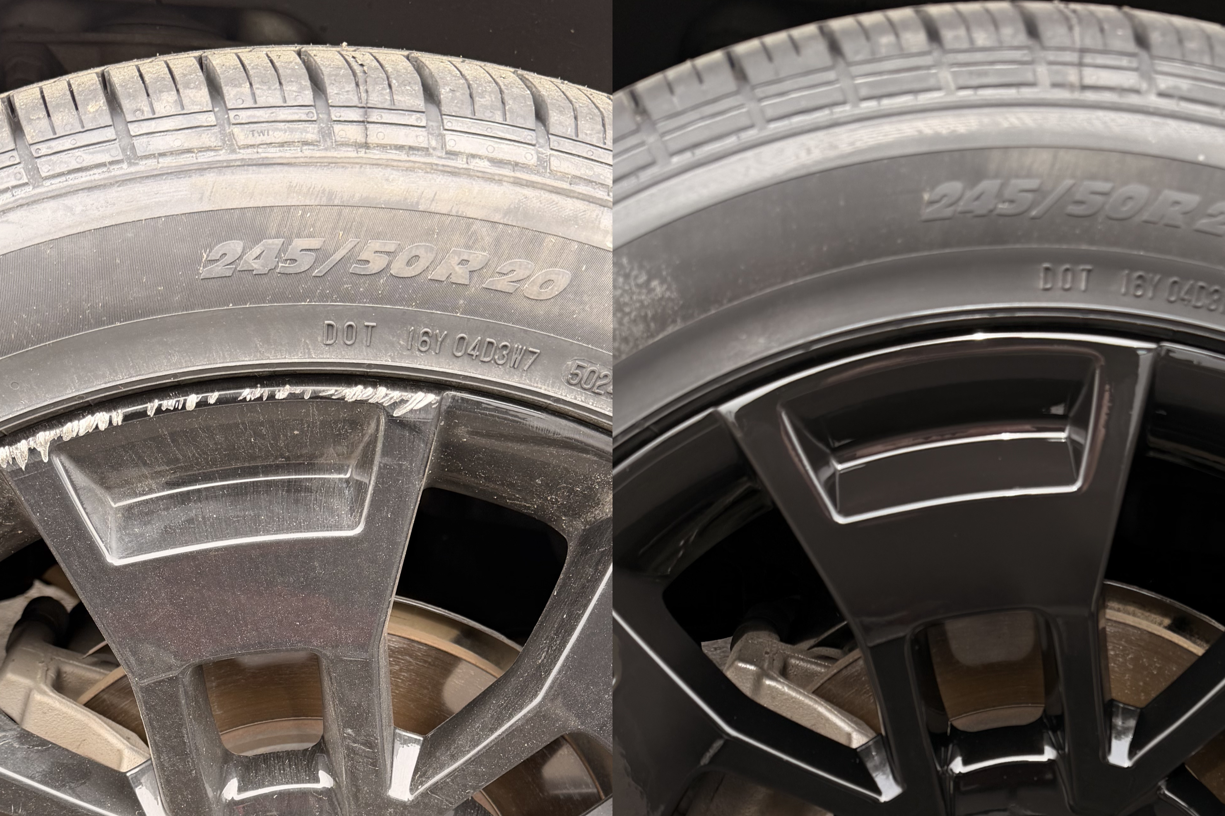 Two side-by-side close-up images of car tires showing their sidewalls and rims, with the tire size 245/50ZR20 visible on both.