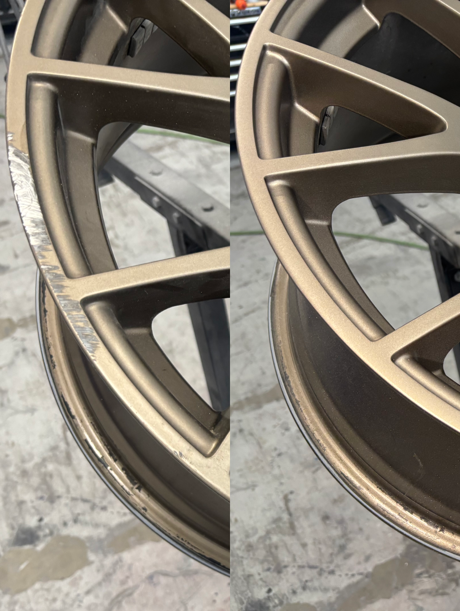 Close-up photo of a car wheel rim with a metallic gold finish, showing both the outer and inner parts of the rim.