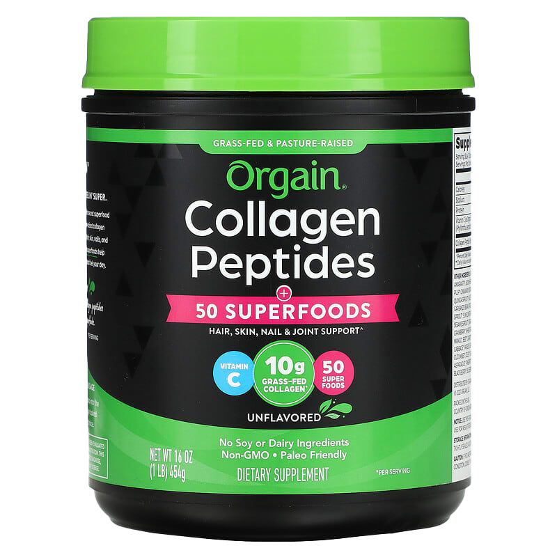 Container of Orgain Collagen Peptides supplement with 50 superfoods, green lid, black and green label, highlighting 10 grams grass-fed collagen, vitamin C, and that it is unflavored, non-GMO, paleo-friendly, with no soy or dairy ingredients.