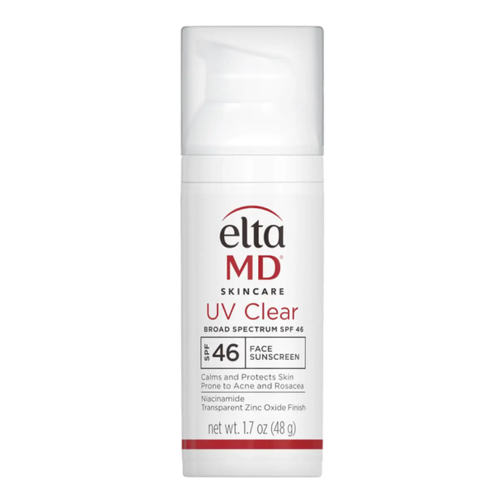 A white bottle of EltaMD UV Clear Broad Spectrum SPF 46 sunscreen with a pump dispenser.