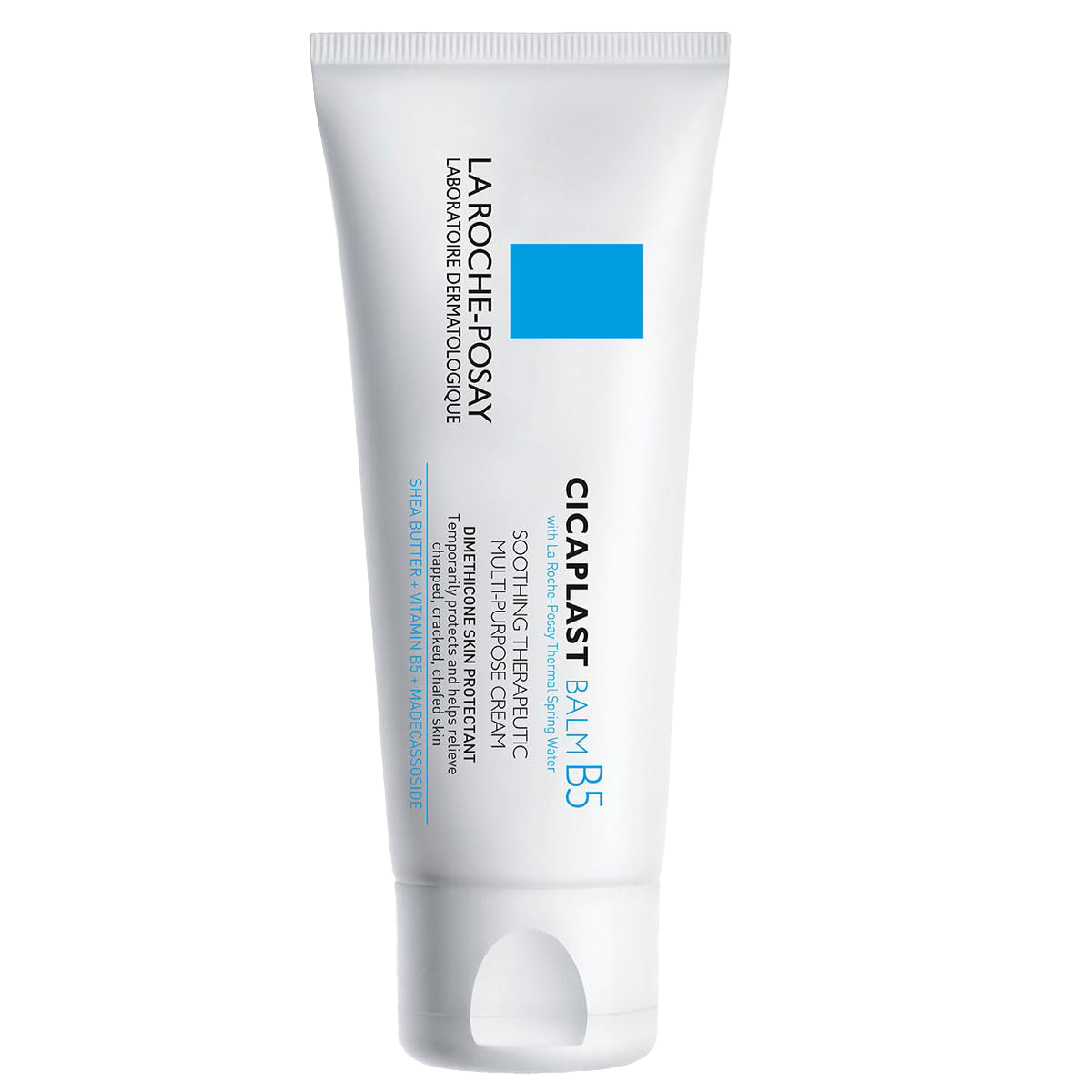 A white tube of La Roche-Posay Cicaplast B5 Balm with blue and black text, emphasizing skin repair and soothing benefits.