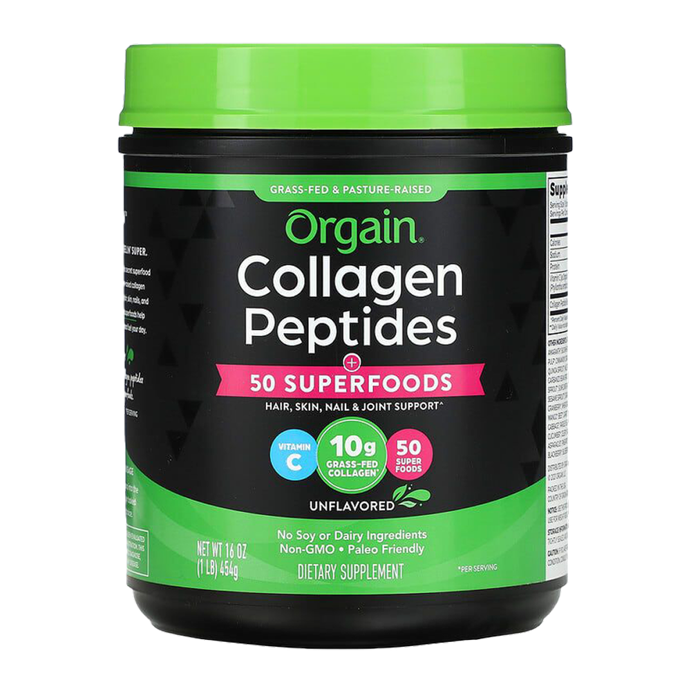 Container of Orgain Collagen Peptides dietary supplement with green lid and black label, featuring pink, green, blue and white text, highlighting 50 superfoods, 10g grass-fed collagen, vitamin C, and no soy or dairy ingredients.