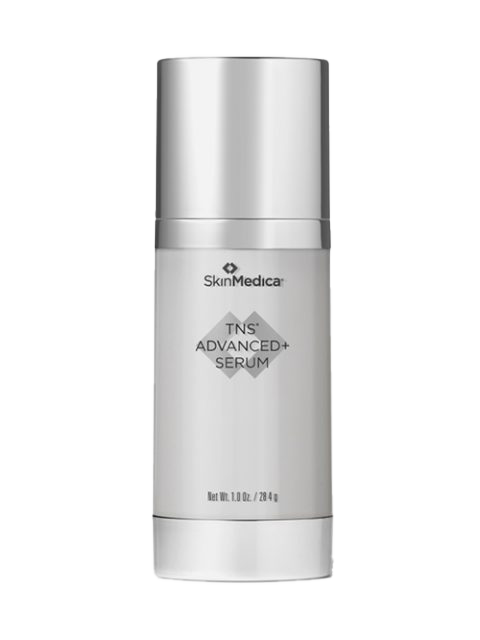 A silver bottle of SkinMedica TNS Advanced+ Serum on a black background.
