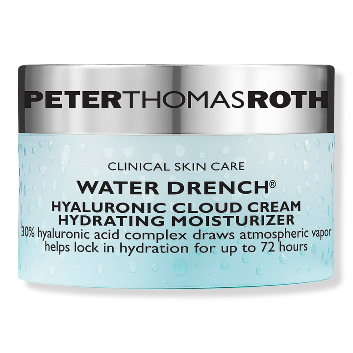 Container of PETER THOMAS ROTH Water Drench Hyaluronic Cloud Cream Hydrating Moisturizer with a silver lid and light blue body featuring water droplets design.