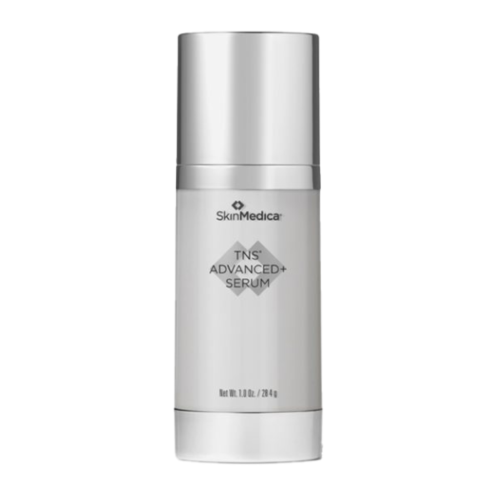 A silver bottle of SkinMedica TNS Advanced+ Serum with white and black text on a gray background.