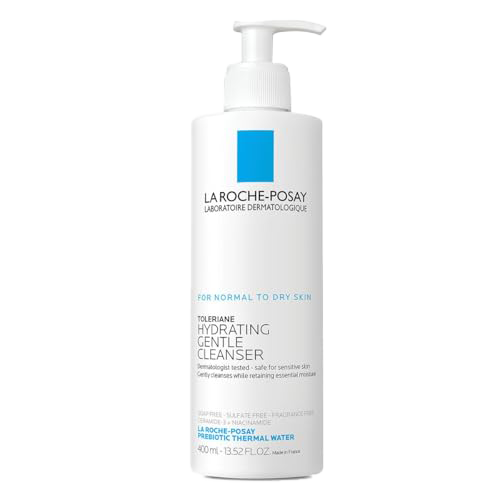 A white bottle of La Roche-Posay hydrating gentle cleanser with a pump dispenser.