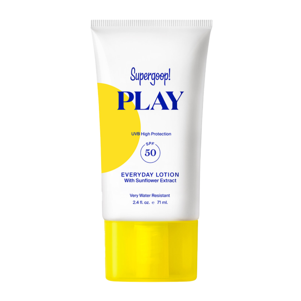 A tube of Supergoop! Play Everyday Lotion with SPF 50, UVA high protection, containing sunflower extract, water resistant, 2.4 fl oz (71 mL).