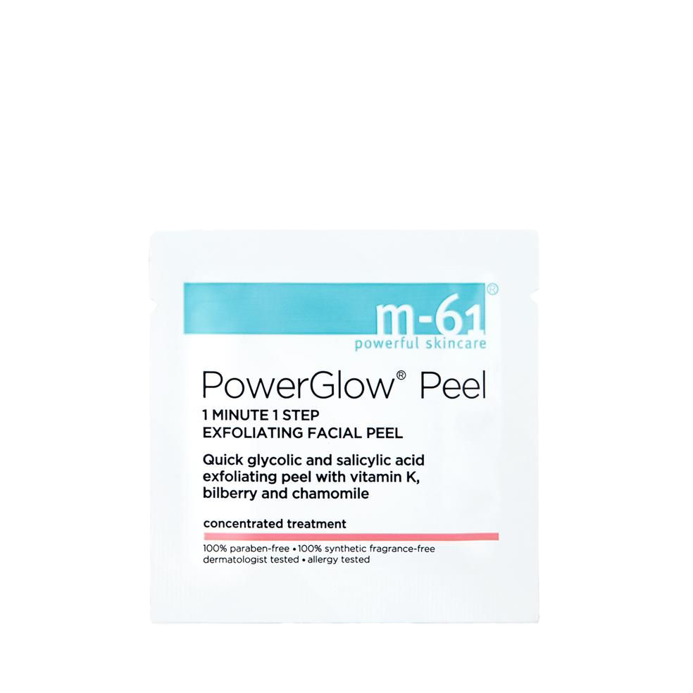 Packaging of PowerGlow Peel, an exfoliating facial peel with glycolic and salicylic acid, containing vitamin K, bilberry, and chamomile, by m-61 powerful skincare.