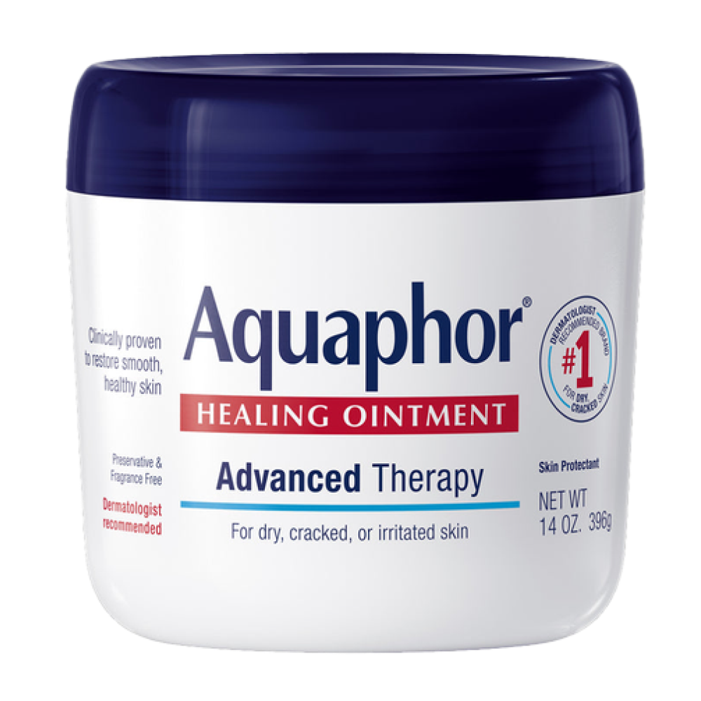 A container of Aquaphor Healing Ointment for dry, cracked, or irritated skin.
