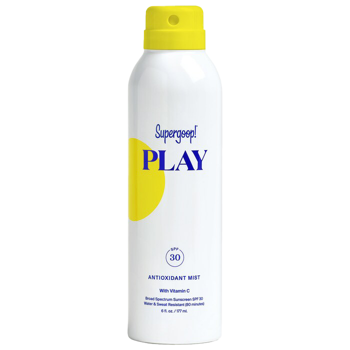 A white aerosol can labeled Supergoop! Play antioxidant mist with SPF 30 and Vitamin C, designed for sun protection and water resistance, with a yellow cap.